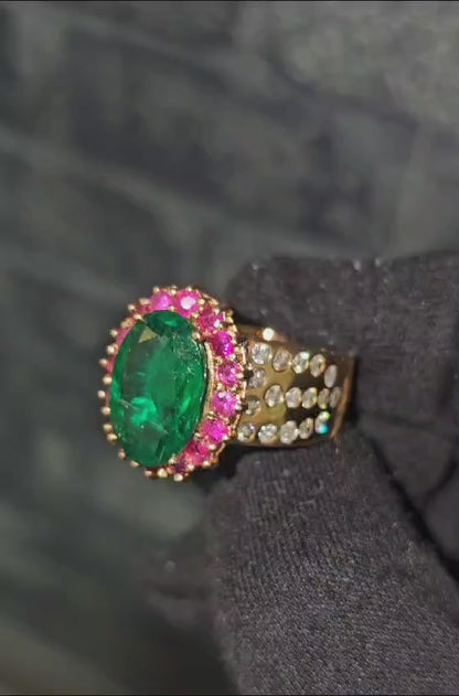 18k Gold, 9.80 Carat Emerald Ruby & Diamond Ring (GIA)