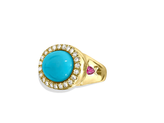 18k Yellow Gold. Natural Turquoise, Ruby & Diamond Ring - Prince The Jeweler 18k-yellow-gold-natural-turquoise-ruby-diamond-ring, Rings