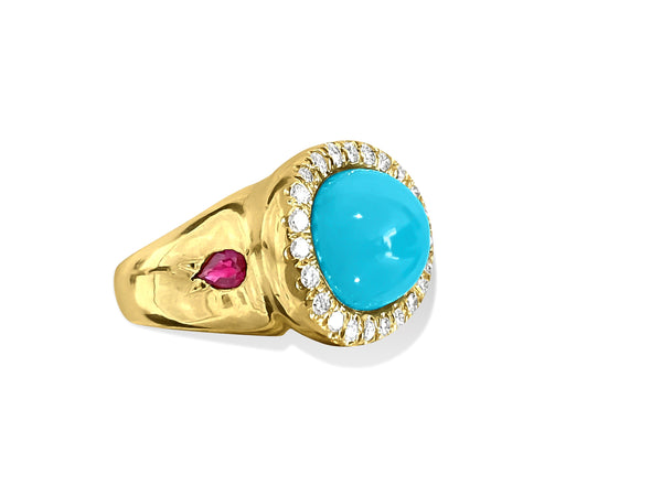18k Yellow Gold. Natural Turquoise, Ruby & Diamond Ring - Prince The Jeweler 18k-yellow-gold-natural-turquoise-ruby-diamond-ring, Rings