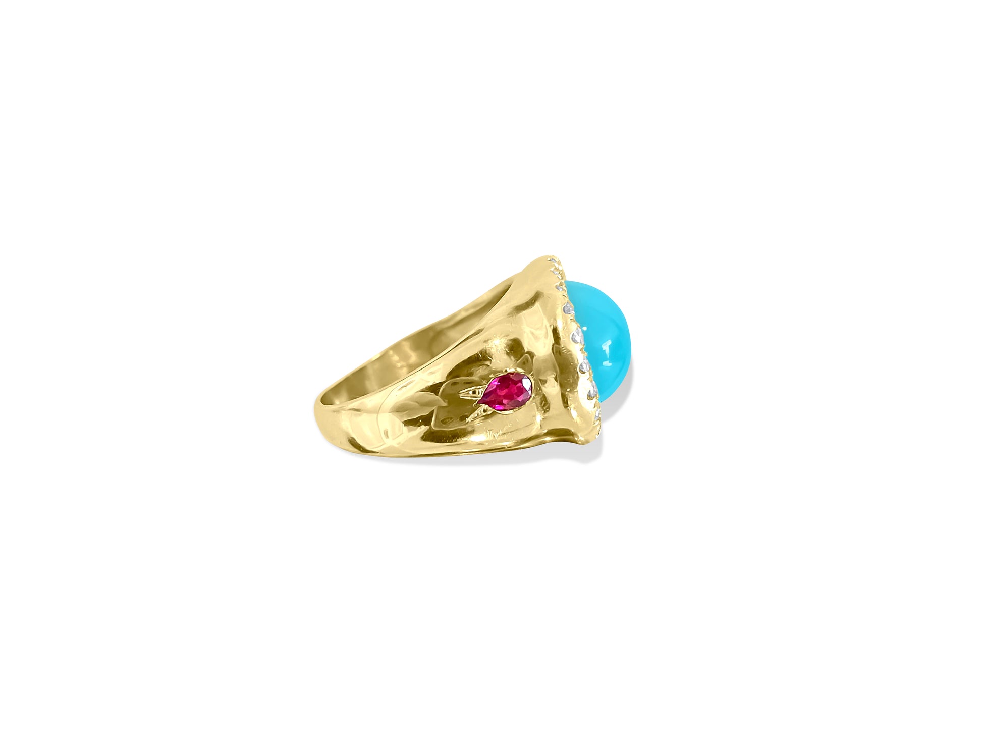 18k Yellow Gold. Natural Turquoise, Ruby & Diamond Ring - Prince The Jeweler 18k-yellow-gold-natural-turquoise-ruby-diamond-ring, Rings