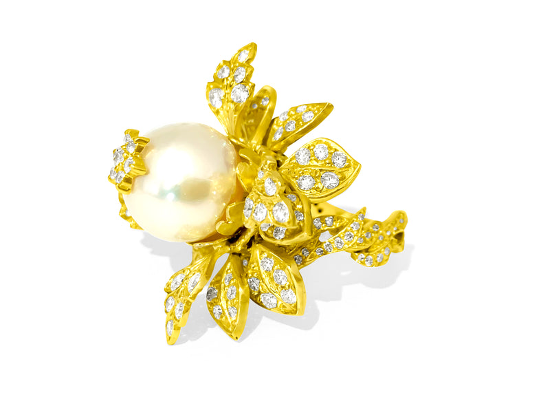 20ct Natural Pearl & Diamond Leaf Motif 18k Gold Ring - Prince The Jeweler 20ct-natural-pearl-diamond-leaf-motif-18k-gold-ring, Rings