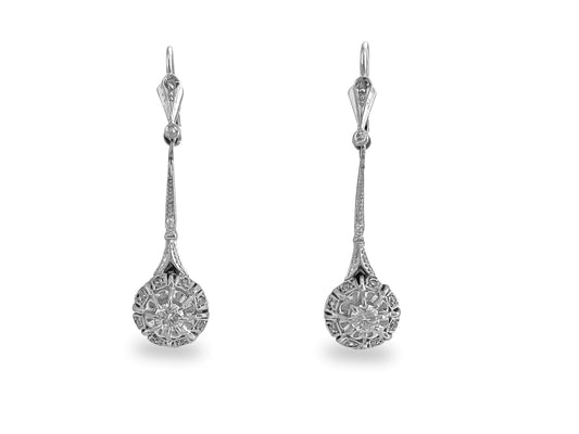 Vintage, 18k White Gold & Diamond Dangle Earrings - Prince The Jeweler vintage-18k-white-gold-diamond-dangle-earrings, Earrings