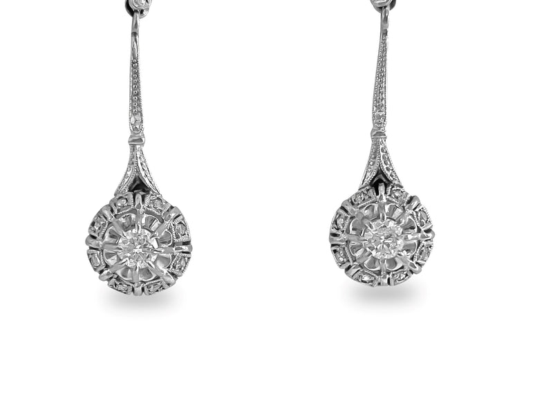 Vintage, 18k White Gold & Diamond Dangle Earrings - Prince The Jeweler vintage-18k-white-gold-diamond-dangle-earrings, Earrings